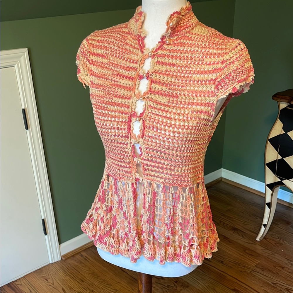 Elegant Crochet Free People Women's Top in coral, pink and Cream